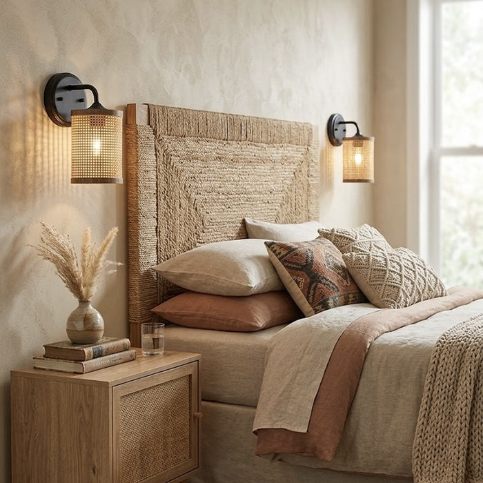 Reef 1-Light Rattan Wall Sconce with Black Metal Finish