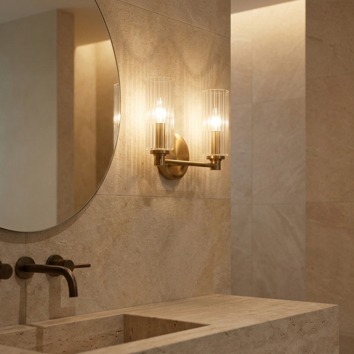 Regal Double Light Vanity | Satin Brass & Clear Ribbed Glass