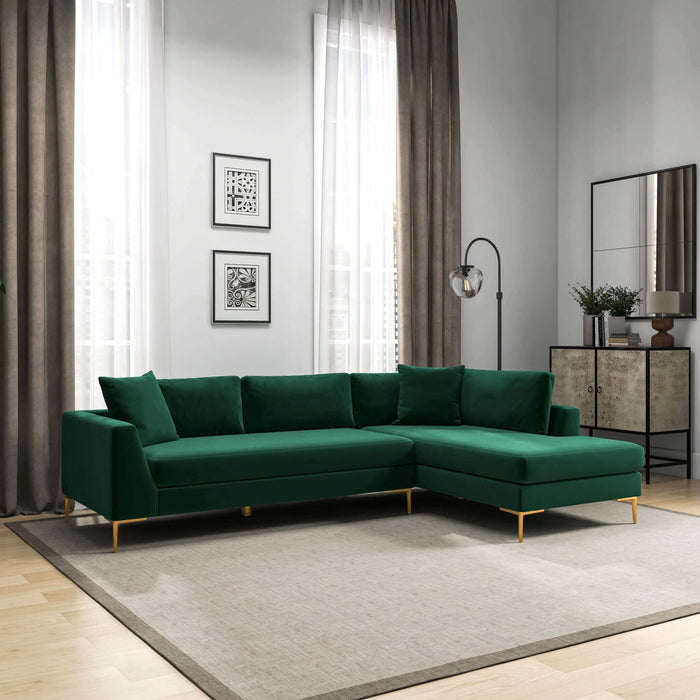 Mano  L-Shaped Velvet Sectional Sofa In Green Right Facing