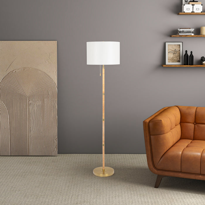 Stellar Wood Rattan Tube , Gold Brass Metal and White Linen Shade Floor Lamp