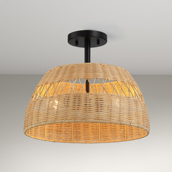 Twinkle 2-Light Rattan Semi-Flush Mount | Black Metal & Woven Farmhouse Ceiling Light
