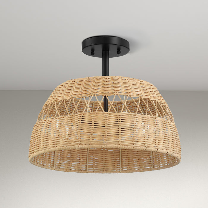 Twinkle 2-Light Rattan Semi-Flush Mount | Black Metal & Woven Farmhouse Ceiling Light