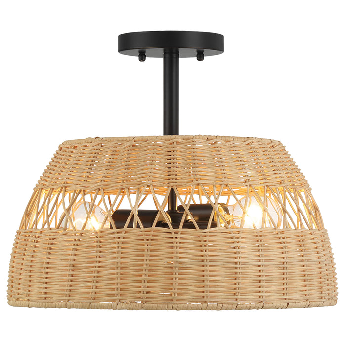 Twinkle Double Lights Semi Flush With Rattan Shade Black Metal Finish for Farmhouse Style