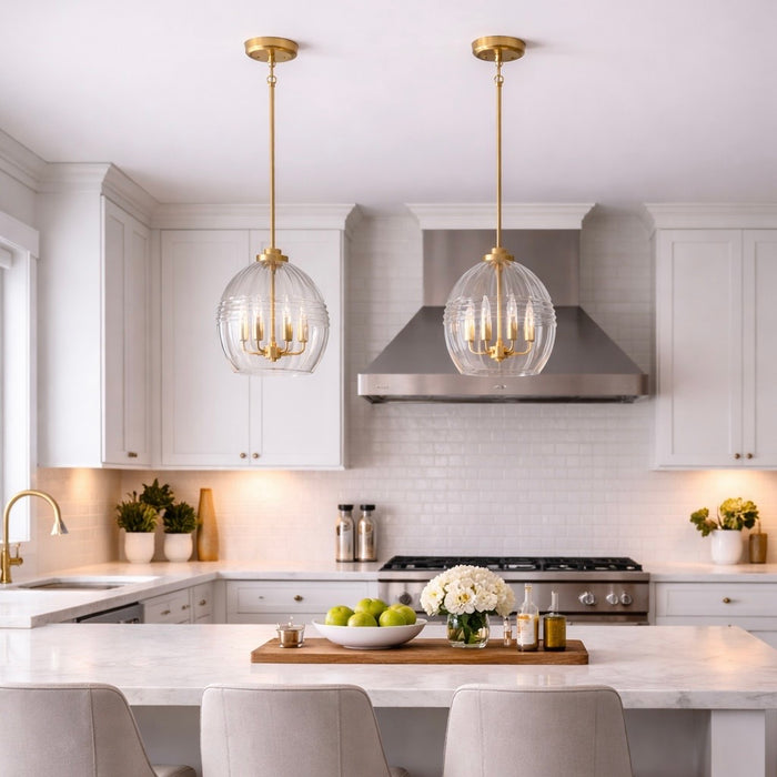 Zen Five Pendant Chain Hanging Light with Clear Glass - Satin Brass