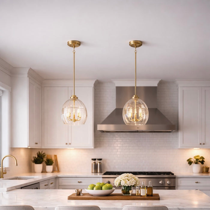 Zen Five Pendant Chain Hanging Light with Clear Glass - Satin Brass