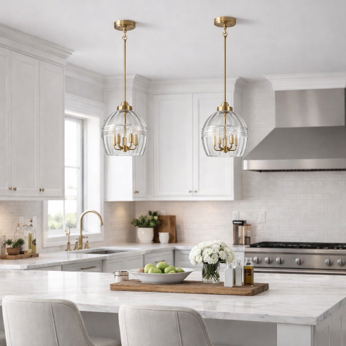Zen Five Pendant Chain Hanging Light with Clear Glass - Satin Brass