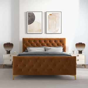 Bailey  Mid Century Modern Queen// King Cognac Velvet Upholstered Platform Bed