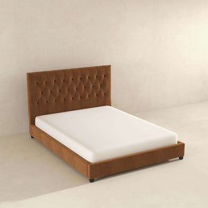 Donald Mid Century Modern Cognac  Velvet Platform Bed