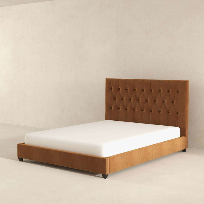 Donald Mid Century Modern Cognac Velvet Platform Bed Queen