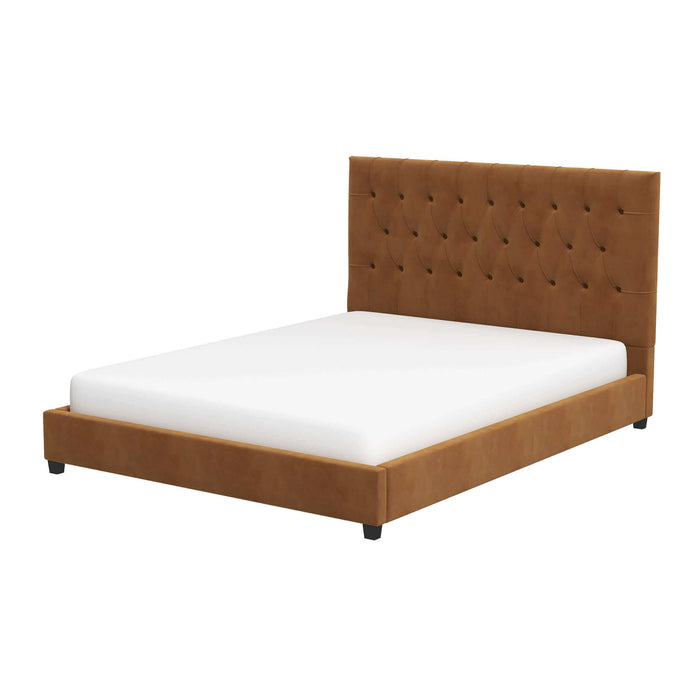 Donald Mid Century Modern Cognac Velvet Platform Bed Queen