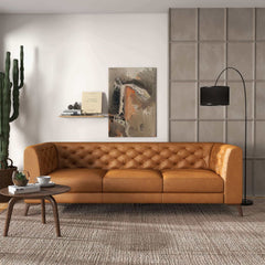 Carter Mid-Century Modern Tufted Tight Back Genuine Leather Sofa