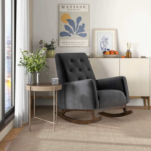Demetrius Mid-Century Modern Dark Grey Fabric  Solid Wood Rocking Chair