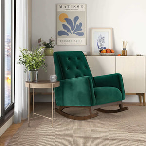 Demetrius Mid-Century Modern Green Velvet  Solid Wood Rocking Chair