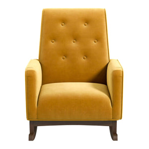 Demetrius Mid-Century Modern Dark Yellow Velvet  Solid Wood Rocking Chair