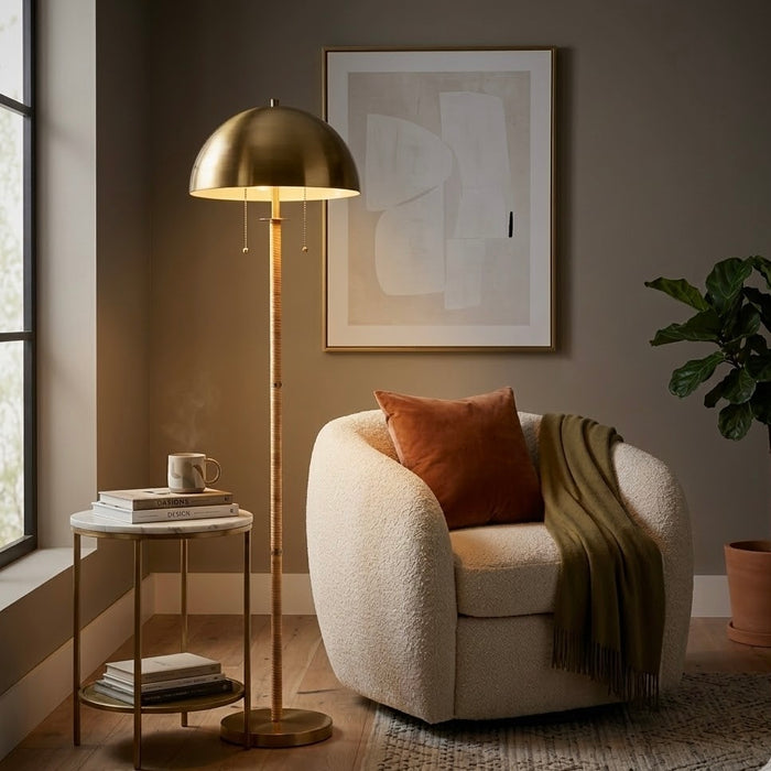 Allure 2-Light Floor Lamp | Gold Brass & Natural Rattan