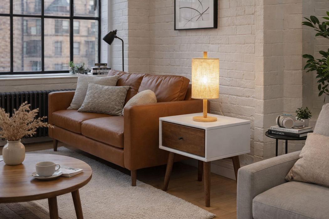 Arcana Table Lamp | Natural Oak & Cylindrical Woven Shade