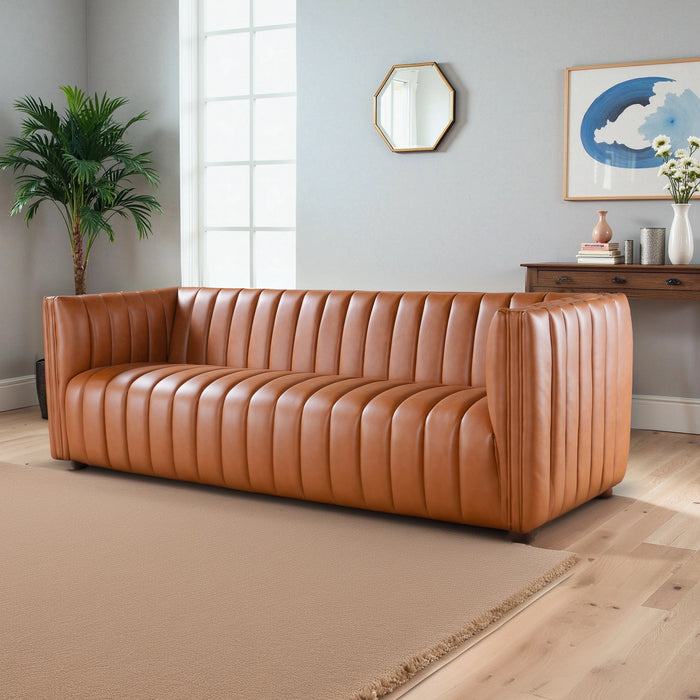 April Mid Century Modern Luxury Tight Back Cognac Leather Couch - Ashcroft Furniture