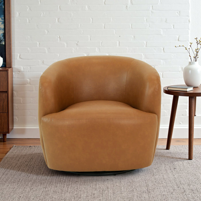 Mina 32" W Tan Vegan Leather Upholstered Swivel Barrel Chair - Ashcroft Furniture