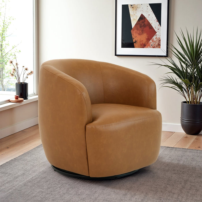Mina 32" W Tan Vegan Leather Upholstered Swivel Barrel Chair - Ashcroft Furniture
