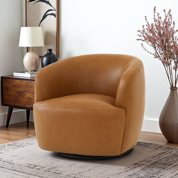Mina 32" W Tan Vegan Leather Upholstered Swivel Barrel Chair - Ashcroft Furniture