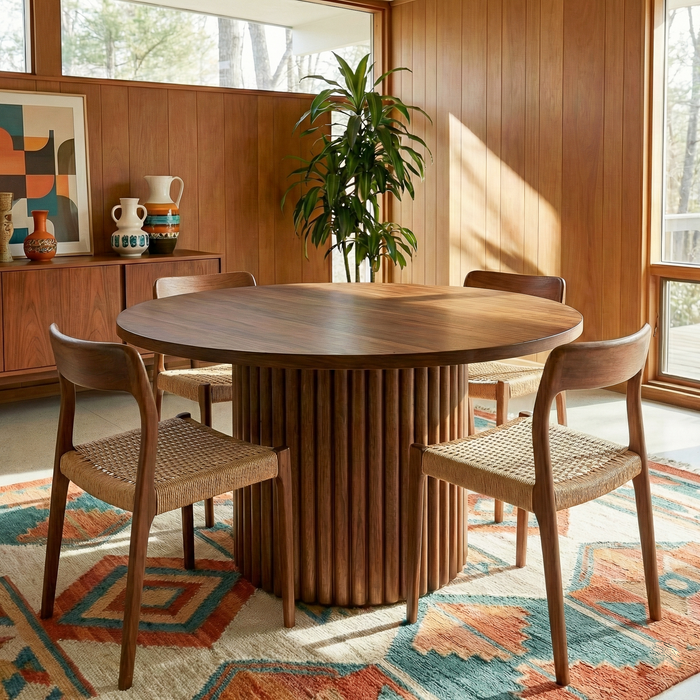 Merlin Round Walnut Dining Table with Sculptural Ribbed Pedestal Base | Ashcroft Imports Furniture