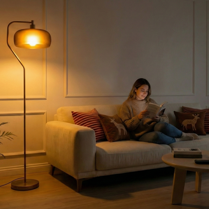 Astris Floor Lamp | Black Sprayed Shade & Gold Curved Design