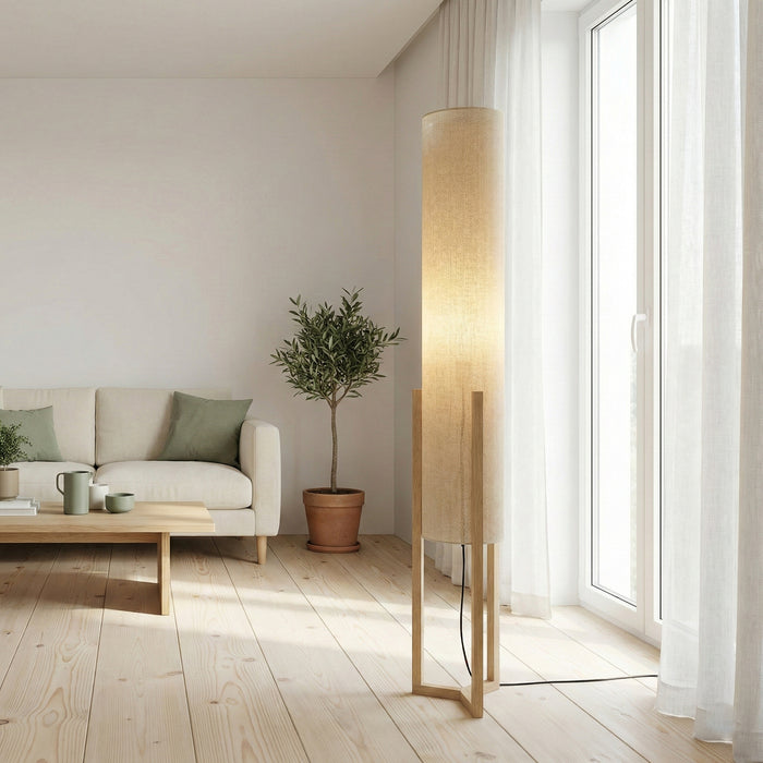 Ethos Floor Lamp | Oak Wood Base & Natural Faux Linen Shade | Ashcroft Imports Furniture