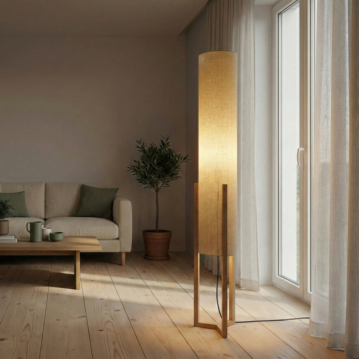 Ethos Floor Lamp | Oak Wood Base & Natural Faux Linen Shade | Ashcroft Imports Furniture