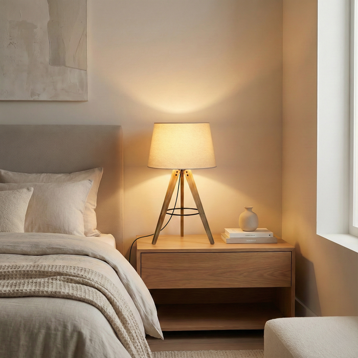 Birch Table Lamp | Natural Three-Legged Wood & Linen Shade