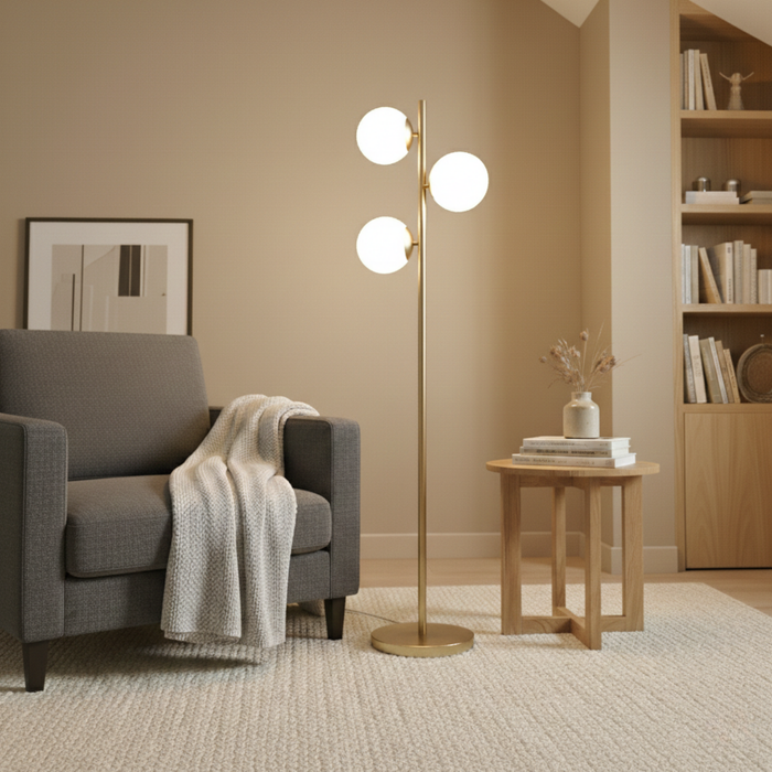 Brilliance Modern Gold Brush Floor Lamp | Opal Glass Shades | Ashcroft Imports Furniture