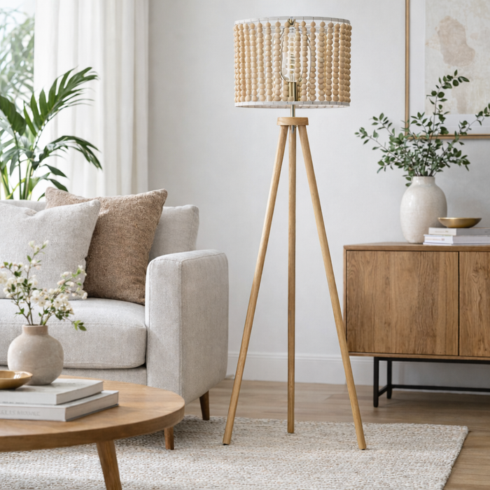 Brillo Floor Lamp | Natural Wood Tripod & Beaded Shade