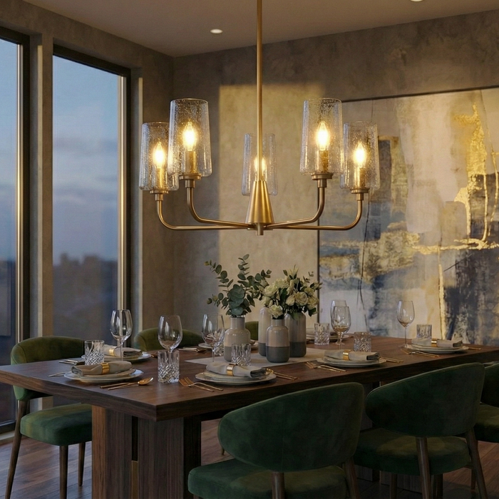 Dazzle Five Lights Chandelier | Satin Brass & Clear Seeded Glass