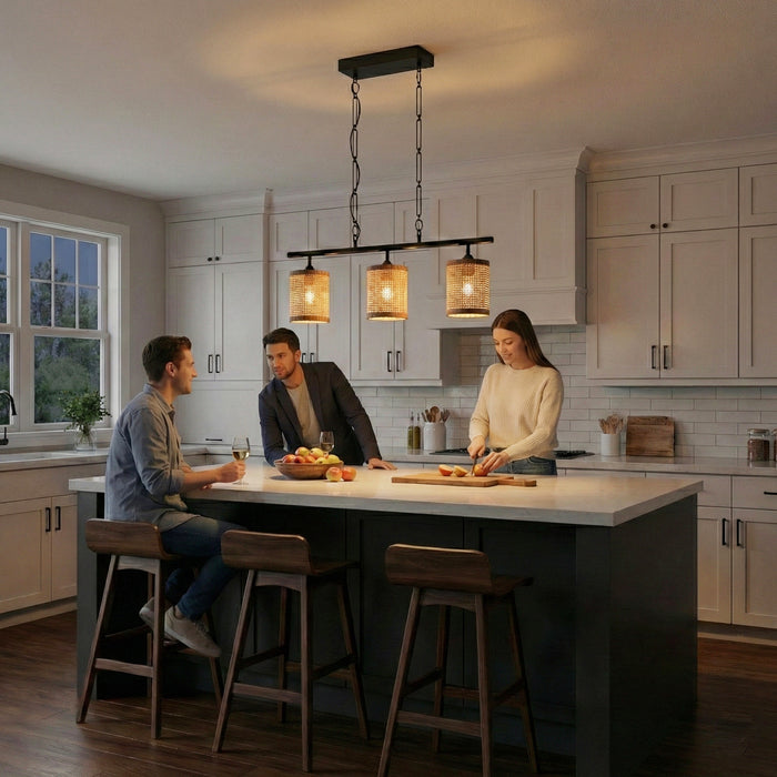 Elysian Three Lights Island Lamp | Natural Rattan & Farmhouse Chain