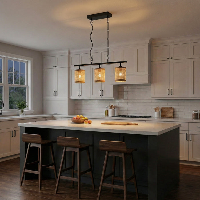 Elysian Three Lights Island Lamp | Natural Rattan & Farmhouse Chain