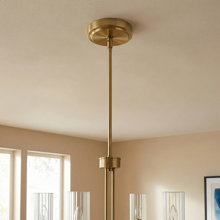 Enigma Four Lights Chandelier | Satin Brass & Clear Ribbed Glass