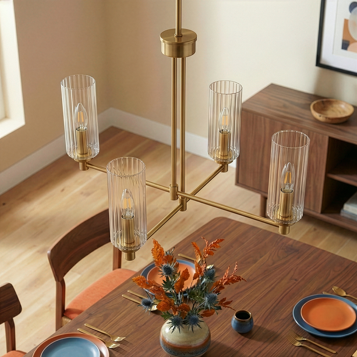 Enigma Four Lights Chandelier | Satin Brass & Clear Ribbed Glass