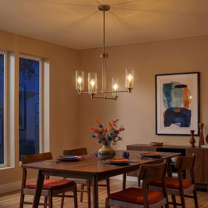 Enigma Four Lights Chandelier | Satin Brass & Clear Ribbed Glass