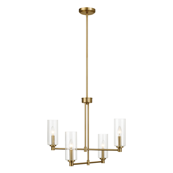 Enigma Four Lights Chandelier | Satin Brass & Clear Ribbed Glass