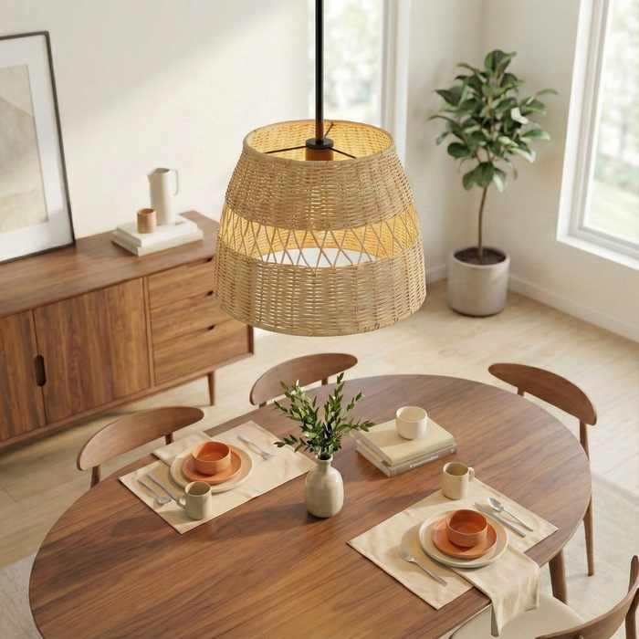 Essence Single Light Pendant | Rattan Shade & Black Metal