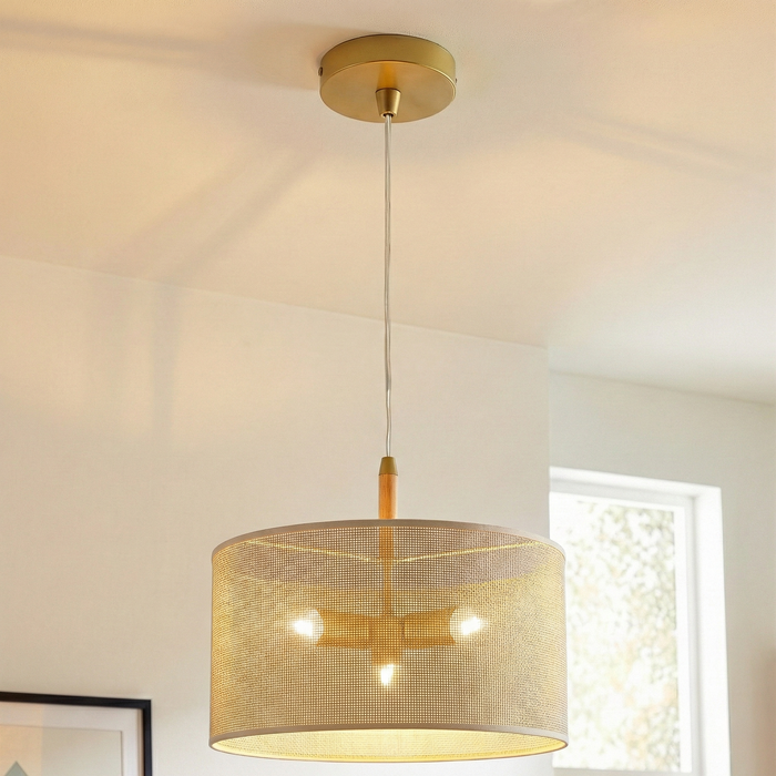 Glacier Pendant Lamp | Oak & Natural Woven Drum Design