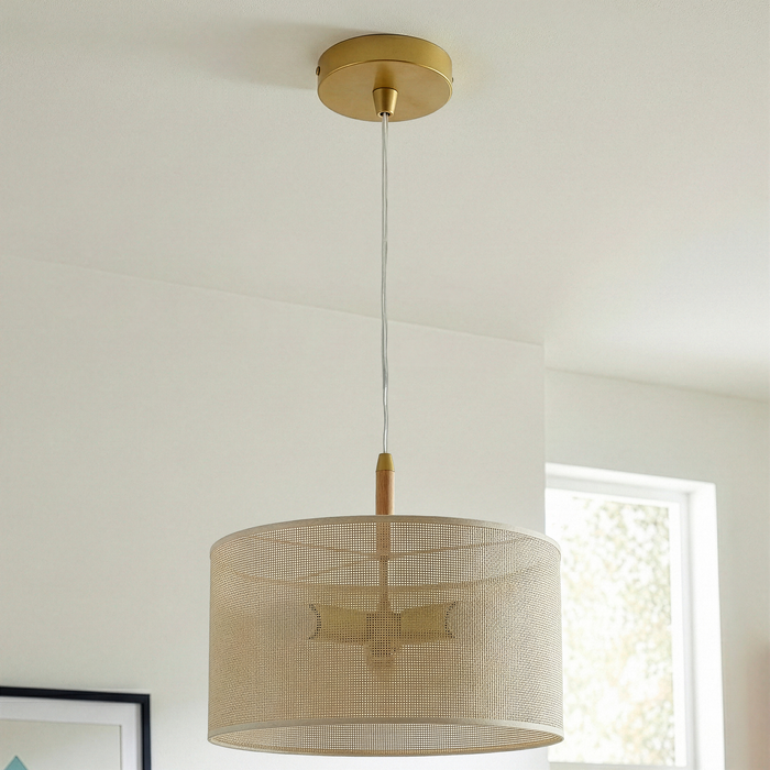 Glacier Pendant Lamp | Oak & Natural Woven Drum Design