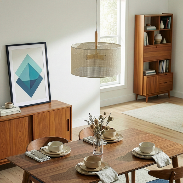 Glacier Pendant Lamp | Oak & Natural Woven Drum Design