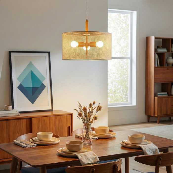 Glacier Pendant Lamp | Oak & Natural Woven Drum Design