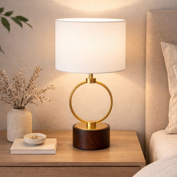 Grid Table Lamp | Circular Brass Ring & Wooden Base