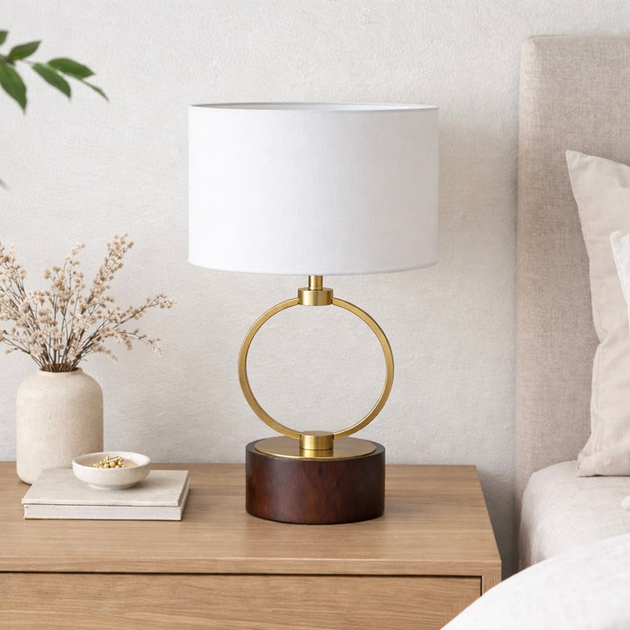 Grid Table Lamp | Circular Brass Ring & Wooden Base