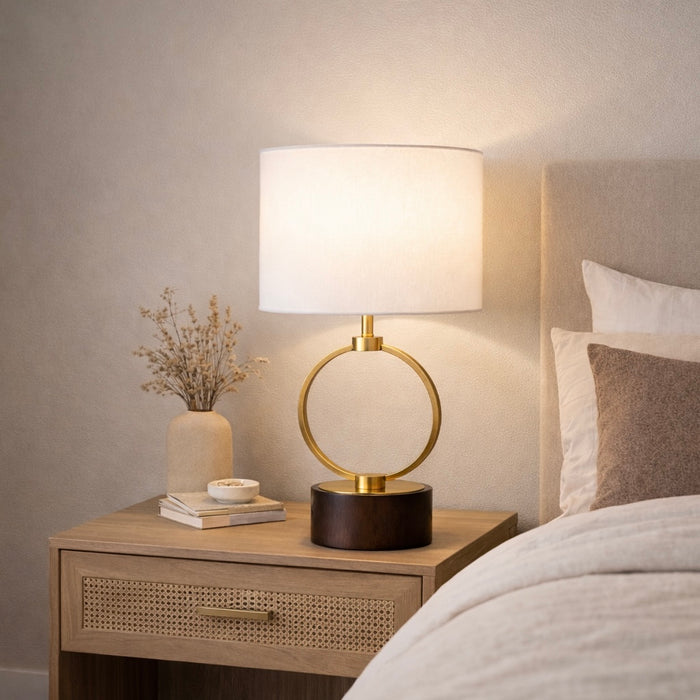 Grid Table Lamp | Circular Brass Ring & Wooden Base