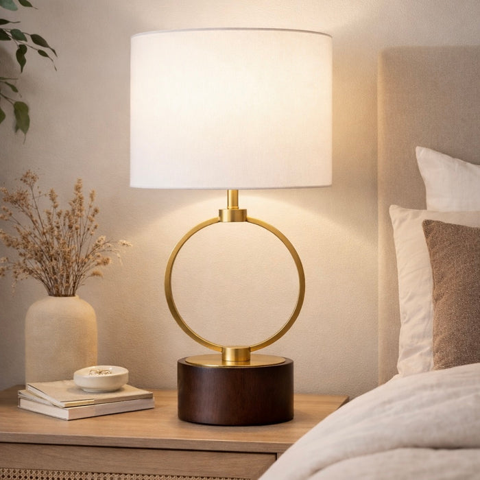 Grid Table Lamp | Circular Brass Ring & Wooden Base