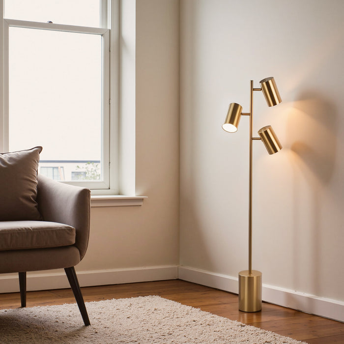 Harmony Brassed Gold Floor Lamp with Rotary Switch Triple Spots Metal Block Base