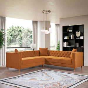 Lewer Mid Century Modern Cognac Velvet Corner Sofa