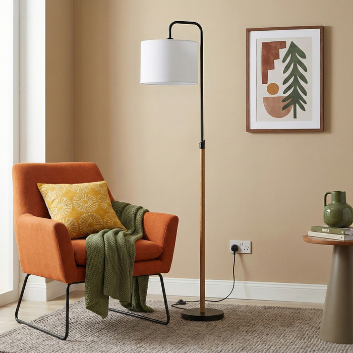Lior Floor Lamp | Wooden Pole & White Drum Shade